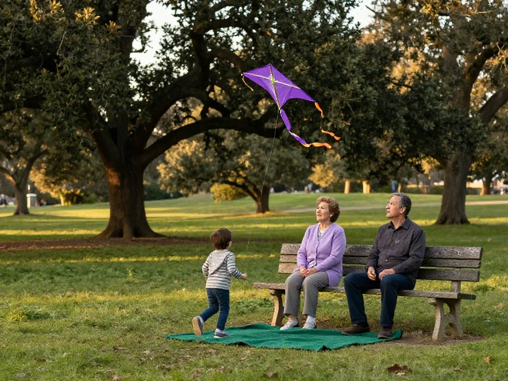 Abuelos y nietos disfrutando de una tarde de juegos calmada en un parque arbolado.
