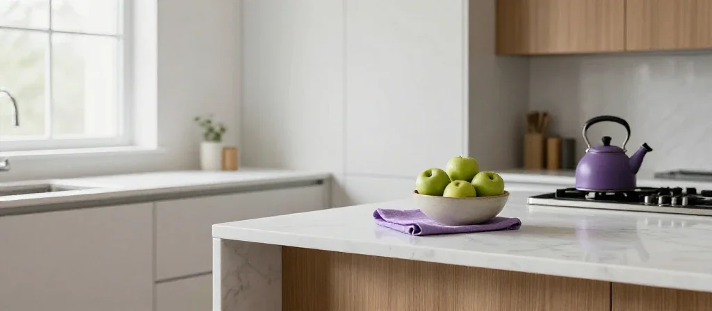 Cocina familiar moderna con encimera de mármol y acentos decorativos en verde y púrpura.