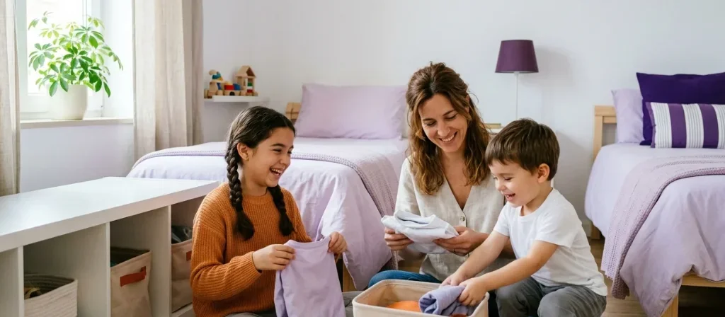 Un padre y dos niños doblan ropa juntos y la guardan en cestas en un dormitorio infantil compartido, luminoso y ordenado.