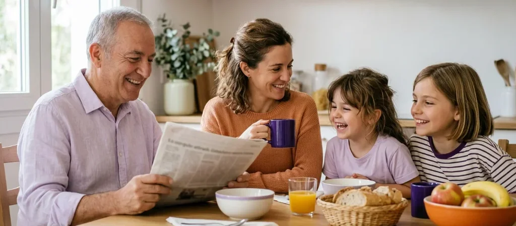 Familia de tres generaciones desayunando juntos; el abuelo lee el periódico en voz alta mientras los niños escuchan sonriendo.