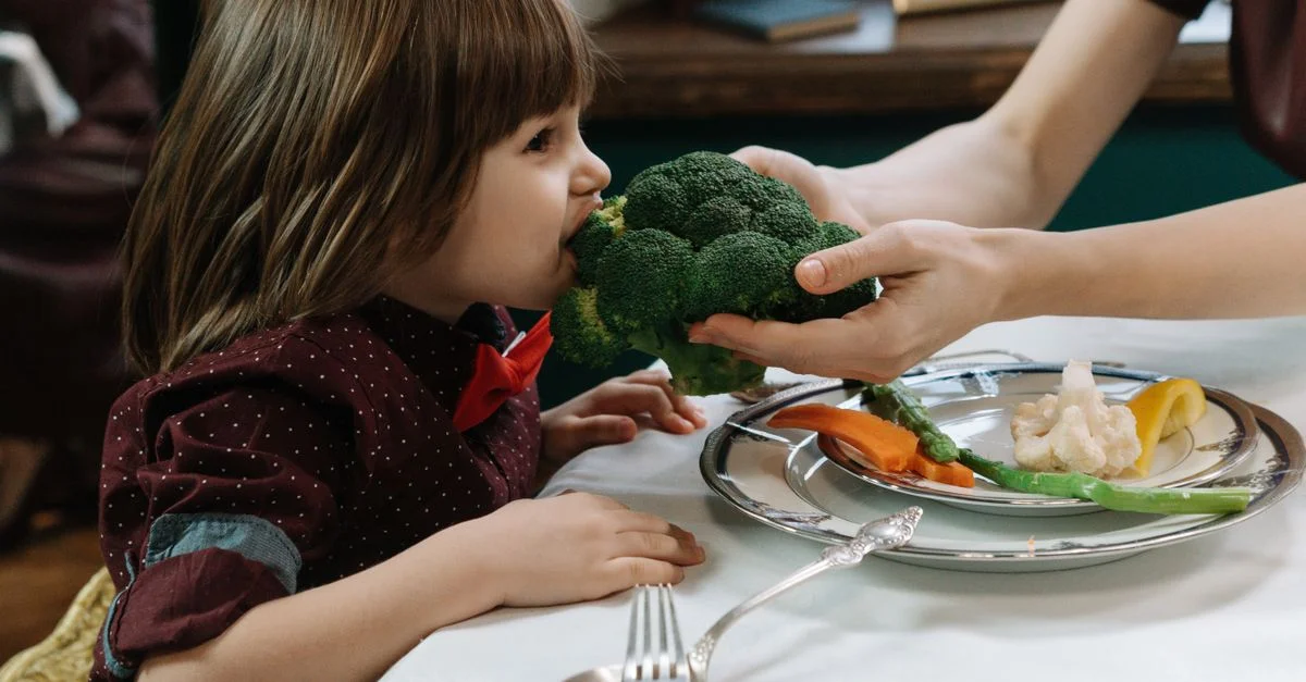Niño adorable comiendo brócoli, promoviendo hábitos alimenticios saludables en interiores.