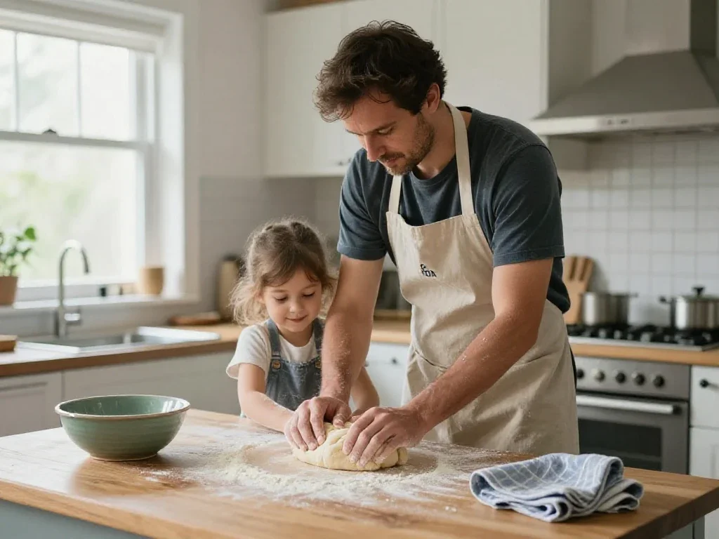 Una familia cocina con calma en una cocina luminosa, reflejando unión y momentos compartidos esenciales.