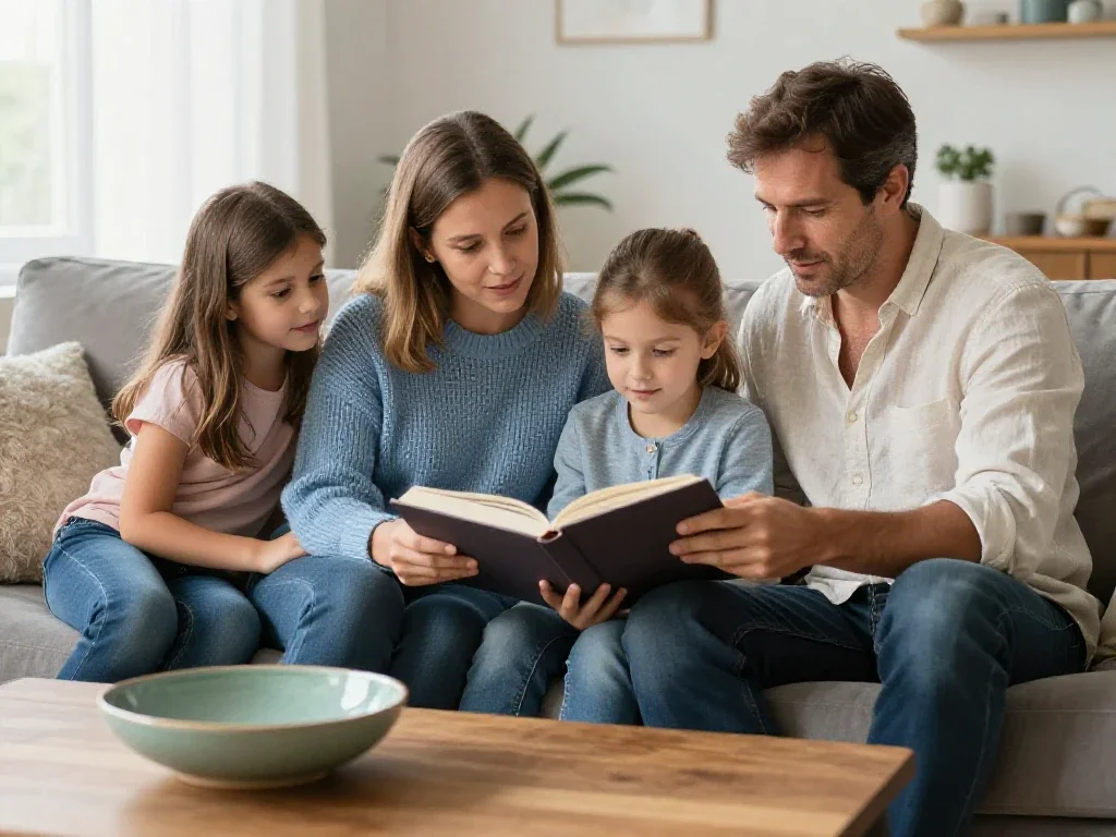 Familia española relajada en un salón luminoso compartiendo un momento de lectura y unión.