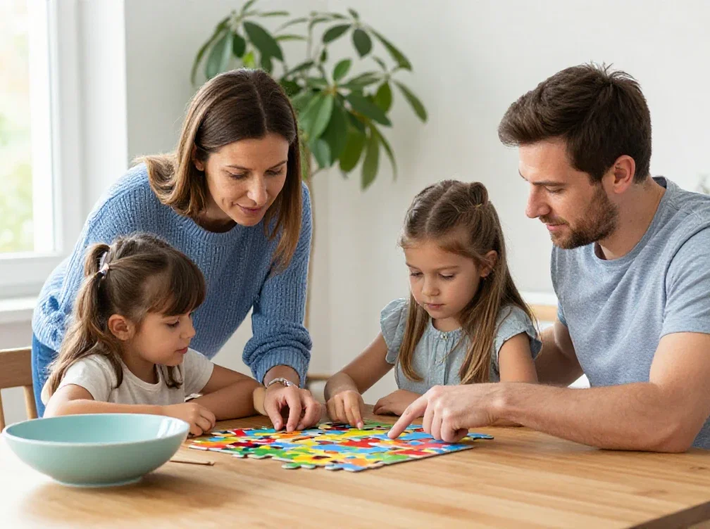 Familia española disfrutando de un momento de calma y unión haciendo un puzle.