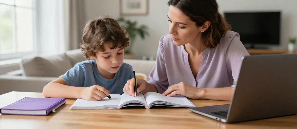 Madre e hijo españoles estudian en casa, reflejando el apoyo familiar en la educación diaria.