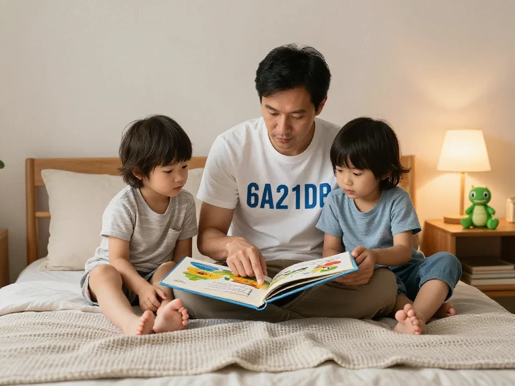 Un padre lee un cuento a sus hijos, fomentando la calma y el vínculo familiar.